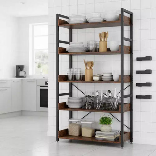 Étagère de rangement à 5 niveaux avec crochets, étagères ouvertes, design grain de bois rustique, pieds réglables Marron+Noir (1 ou 2 pièces)