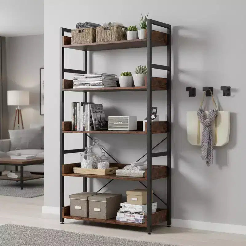 Étagère de rangement à 5 niveaux avec crochets, étagères ouvertes, design grain de bois rustique, pieds réglables Marron+Noir (1 ou 2 pièces)