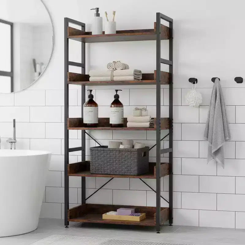 Étagère de rangement à 5 niveaux avec crochets, étagères ouvertes, design grain de bois rustique, pieds réglables Marron+Noir (1 ou 2 pièces)