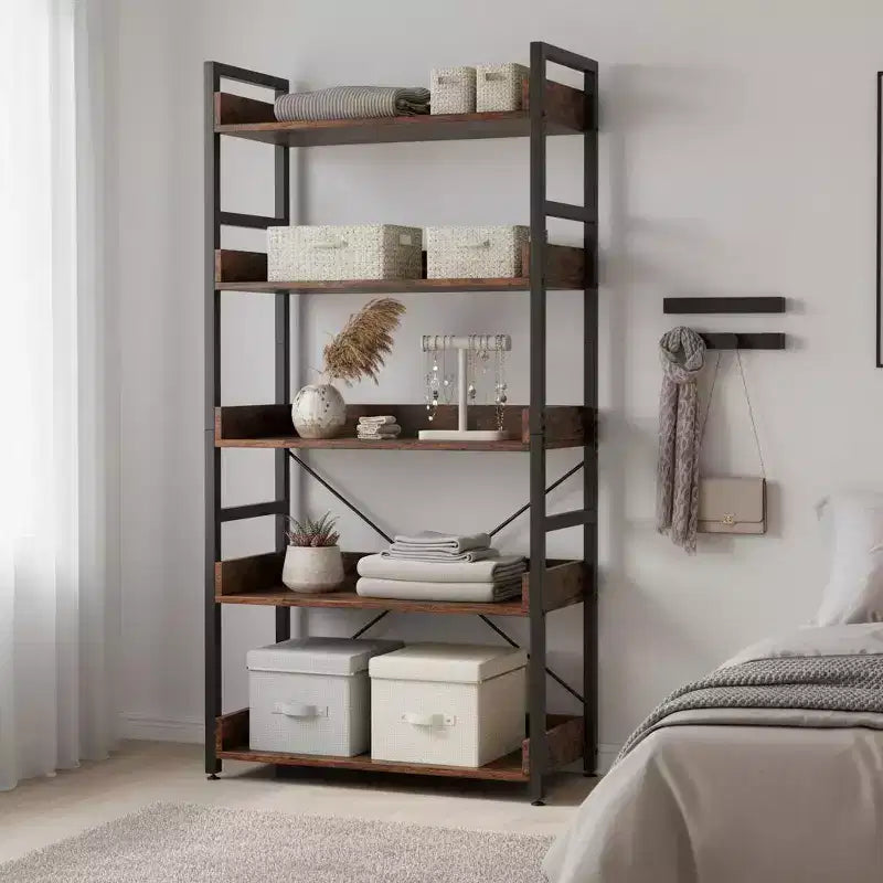 Étagère de rangement à 5 niveaux avec crochets, étagères ouvertes, design grain de bois rustique, pieds réglables Marron+Noir (1 ou 2 pièces)