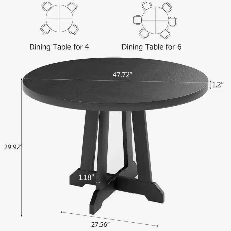Table à manger ronde de 120 cm pour 4-6 personnes, table de cuisine en bois noir avec pied central et pieds réglables