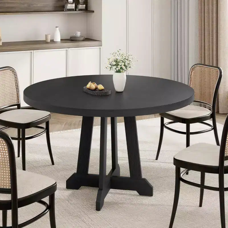 Table à manger ronde de 120 cm pour 4-6 personnes, table de cuisine en bois noir avec pied central et pieds réglables