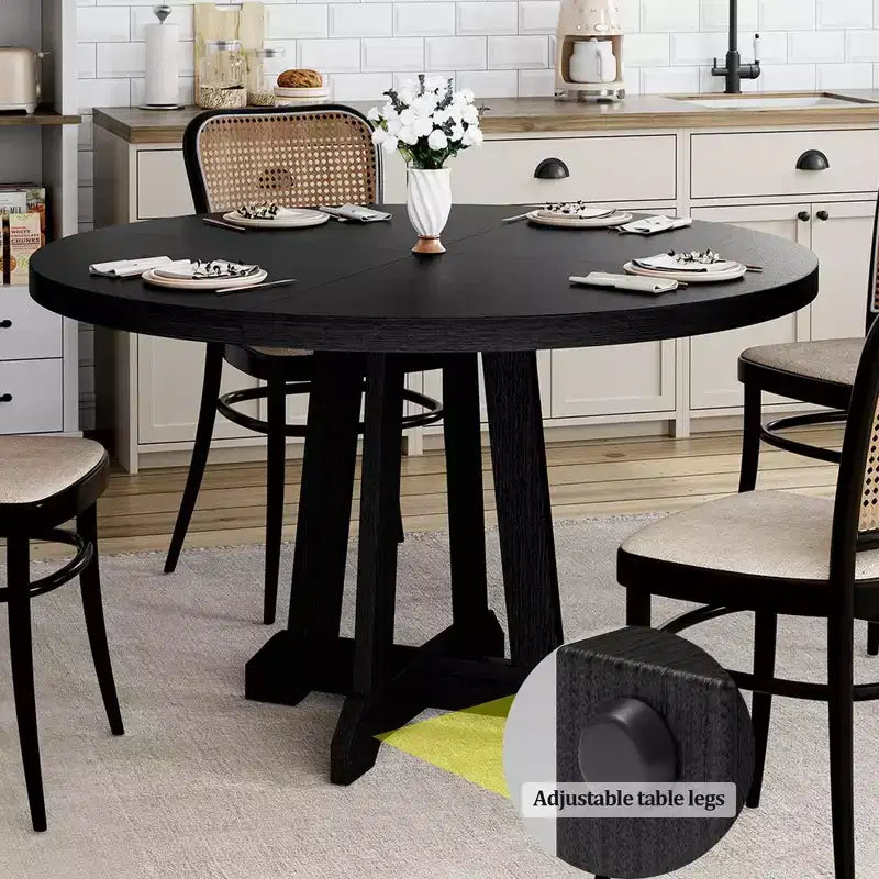 Table à manger ronde de 120 cm pour 4-6 personnes, table de cuisine en bois noir avec pied central et pieds réglables