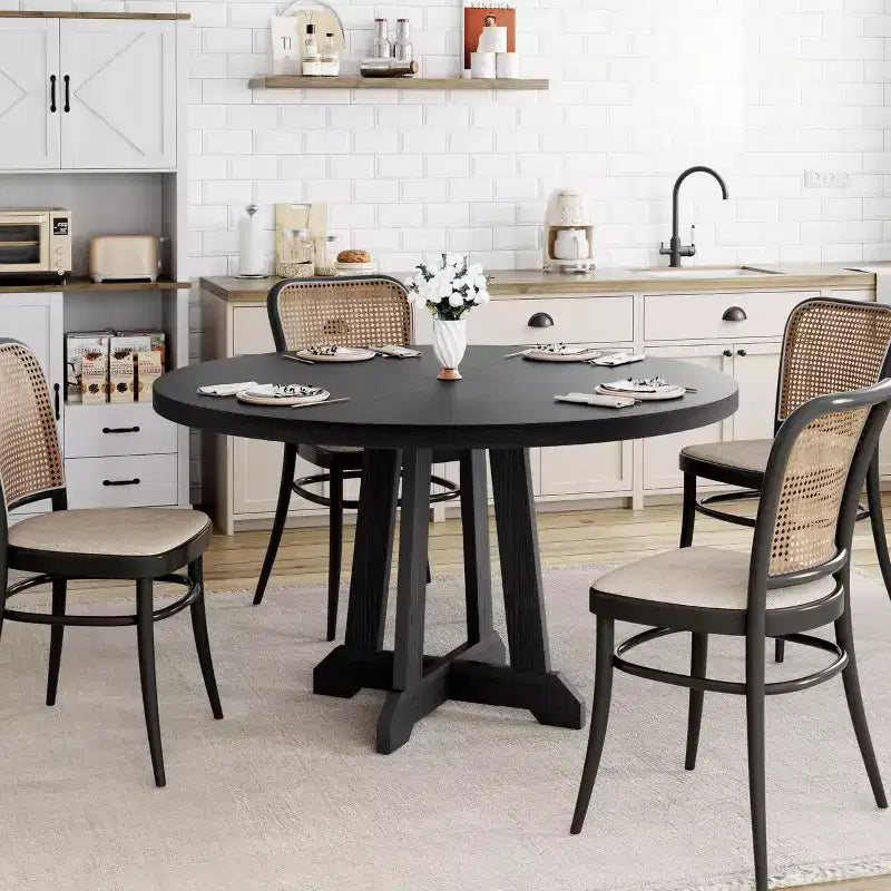 Table à manger ronde de 120 cm pour 4-6 personnes, table de cuisine en bois noir avec pied central et pieds réglables