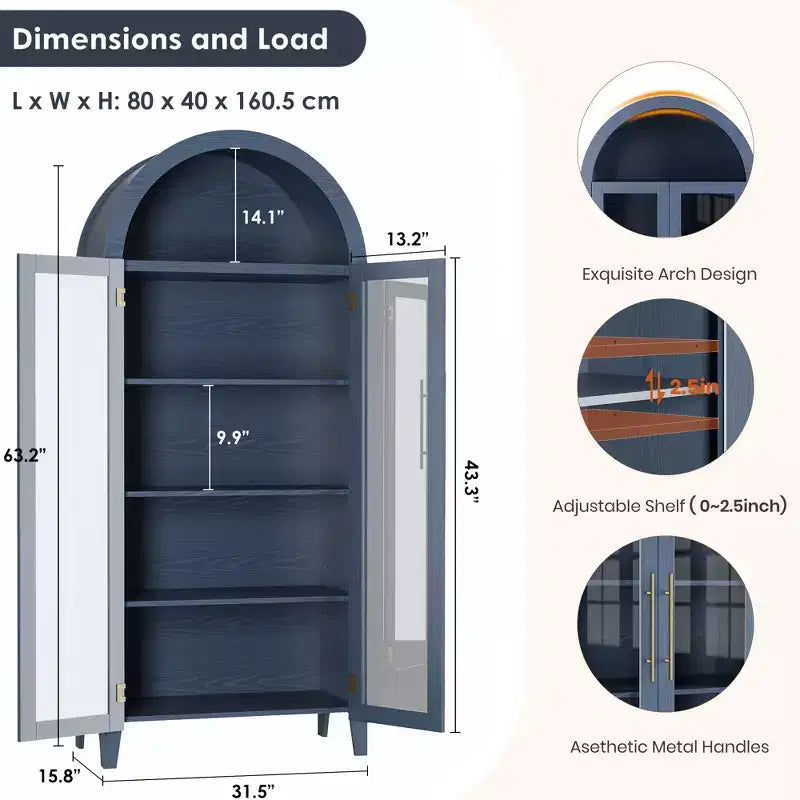 Haut meuble de rangement arqué avec portes vitrées, bibliothèque de présentation à 5 niveaux avec étagères réglables pour cuisine ou salon