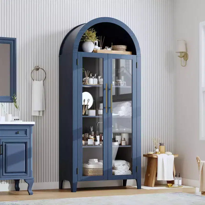 Haut meuble de rangement arqué avec portes vitrées, bibliothèque de présentation à 5 niveaux avec étagères réglables pour cuisine ou salon