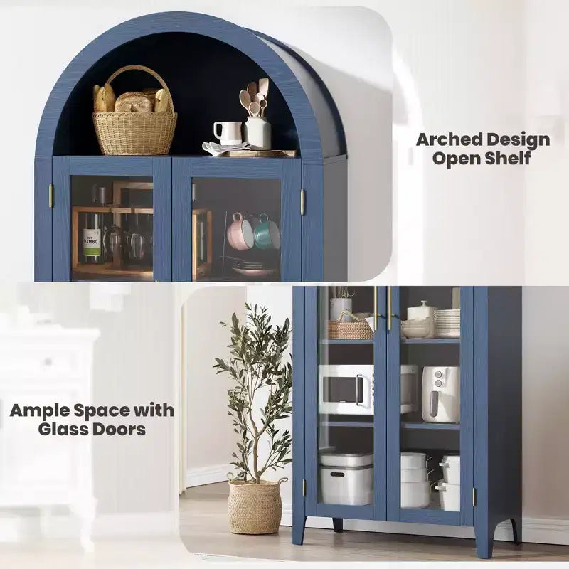 Haut meuble de rangement arqué avec portes vitrées, bibliothèque de présentation à 5 niveaux avec étagères réglables pour cuisine ou salon