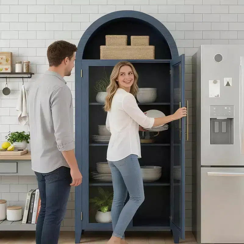 Haut meuble de rangement arqué avec portes vitrées, bibliothèque de présentation à 5 niveaux avec étagères réglables pour cuisine ou salon