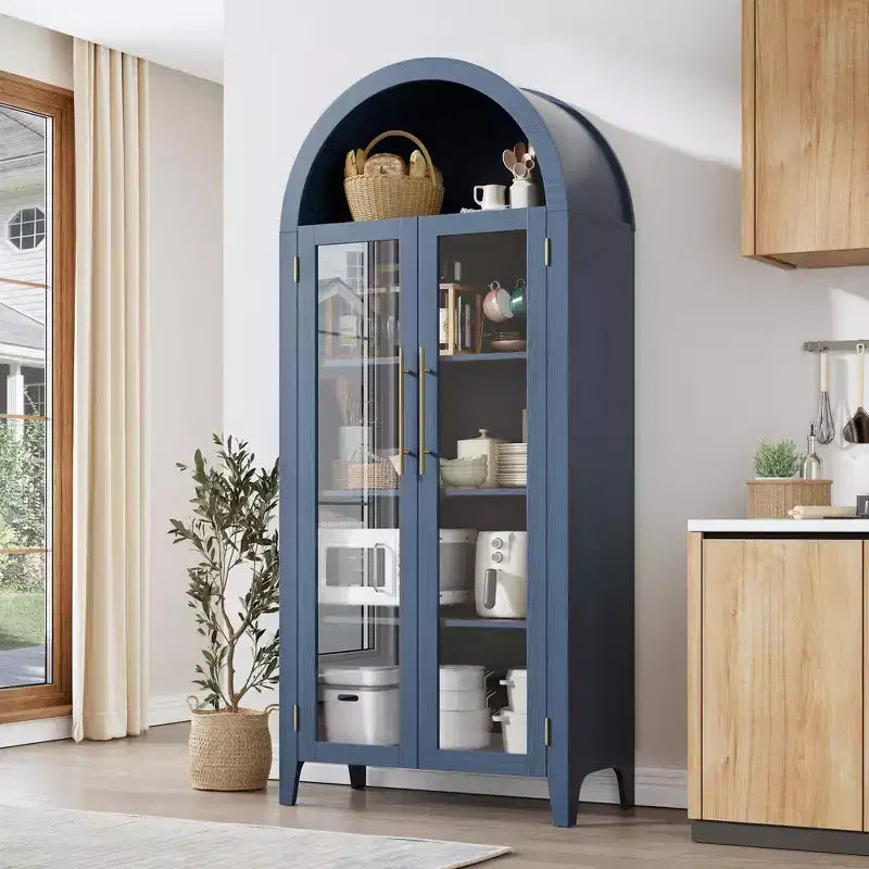 Tall Arched Storage Cabinet with Glass Doors, 5-Tier Display Bookcase with Adjustable Shelves for Kitchen or Living Room