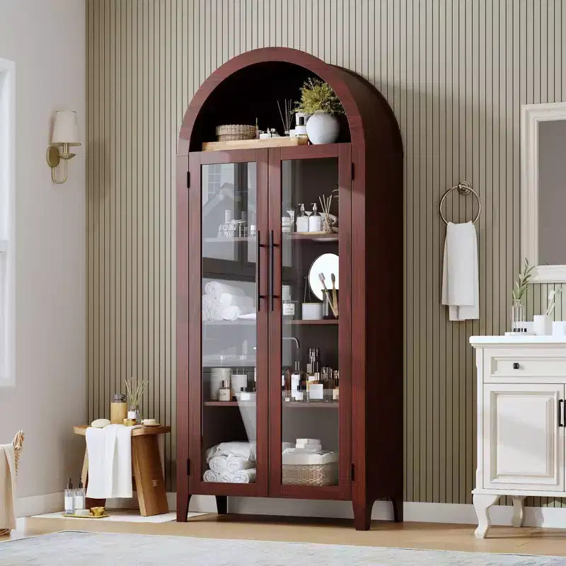 Haut meuble de rangement arqué avec portes vitrées, bibliothèque de présentation à 5 niveaux avec étagères réglables pour cuisine ou salon