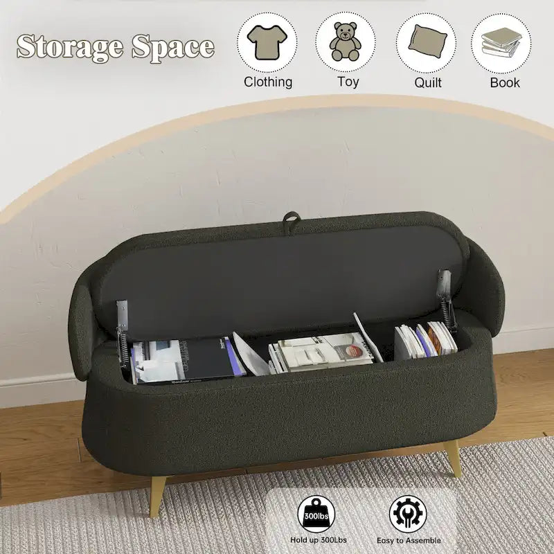 Teddy Fabric Storage Bench with Metal Legs, Multi-Functional Rectangular Storage Sofa Stool
