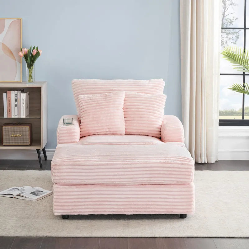 Pink 39.37 Corduroy Single Armchair Sofa with Ottoman, Cup Holder