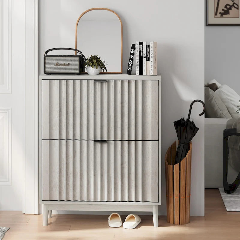 Shoe Cabinet with 2 Flip Drawers, Fluted Shoe Storage Cabinet for Entryway, Free Standing Shoe Storage Organizer with Wave Doors