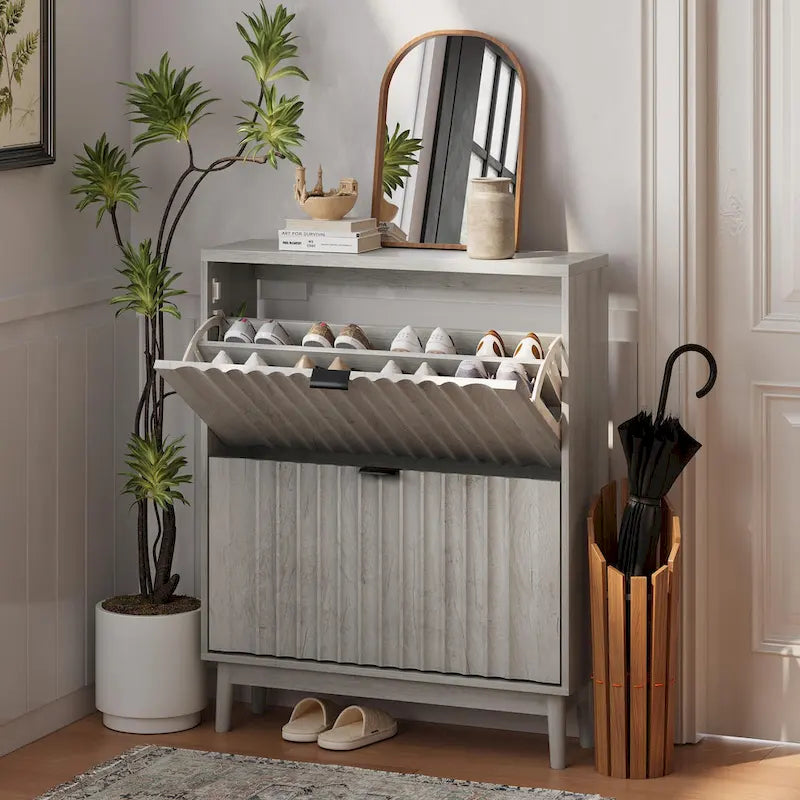 Shoe Cabinet with 2 Flip Drawers, Fluted Shoe Storage Cabinet for Entryway, Free Standing Shoe Storage Organizer with Wave Doors