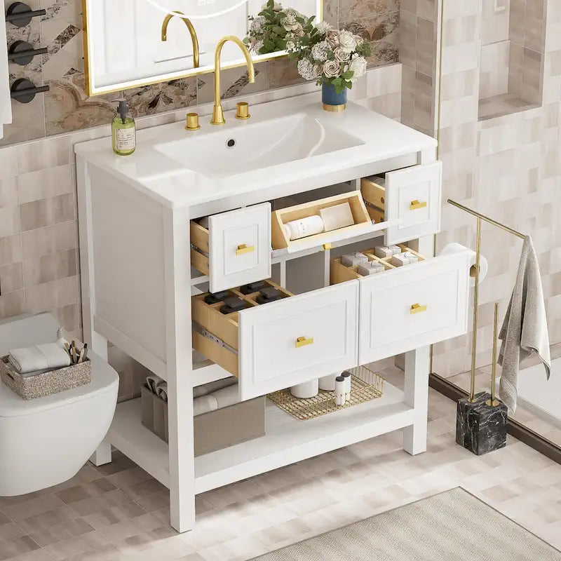 30 Bathroom Vanity with Ceramic Sink Combo, Free Standing Single Vanity Set with 5 Drawers