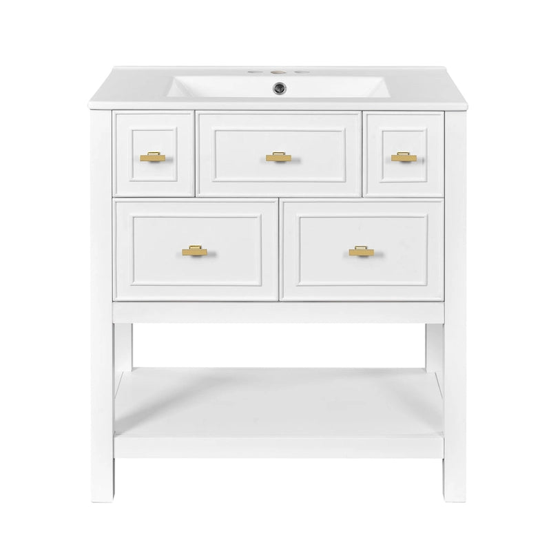 30 Bathroom Vanity with Ceramic Sink Combo, Free Standing Single Vanity Set with 5 Drawers