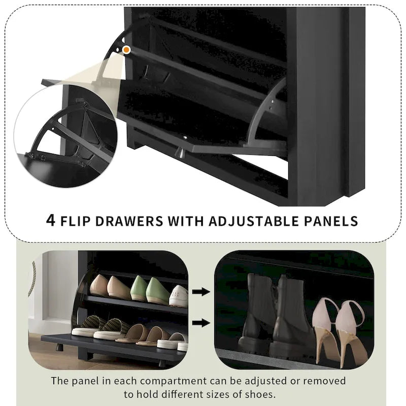 Slim Tipping Bucket Shoe Cabinet Set with 4 Flip Drawers, Wood Grain Pattern Top Shoe Storage Solution with Adjustable Panel