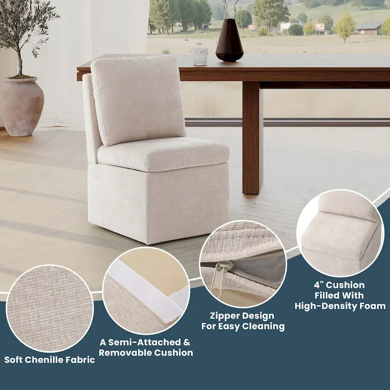 Stansberry Chenille Upholstered Armless Dining Chair with Under Seat Storage and Caster Wheels (Set of 2)