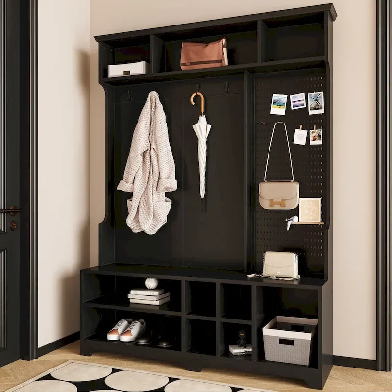 Modern Style Coat Rack with Shoe Bench, Shoe Storage, Storage Shelves and Pegboard, for Entrance and Hallway, Living Room