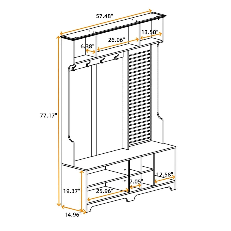 Modern Style Coat Rack with Shoe Bench, Shoe Storage, Storage Shelves and Pegboard, for Entrance and Hallway, Living Room