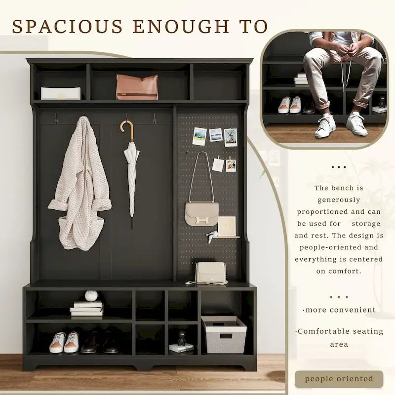 Modern Style Coat Rack with Shoe Bench, Shoe Storage, Storage Shelves and Pegboard, for Entrance and Hallway, Living Room