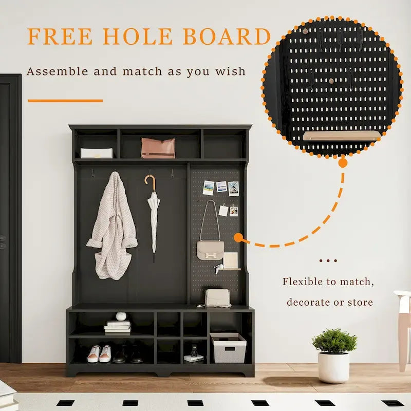 Modern Style Coat Rack with Shoe Bench, Shoe Storage, Storage Shelves and Pegboard, for Entrance and Hallway, Living Room