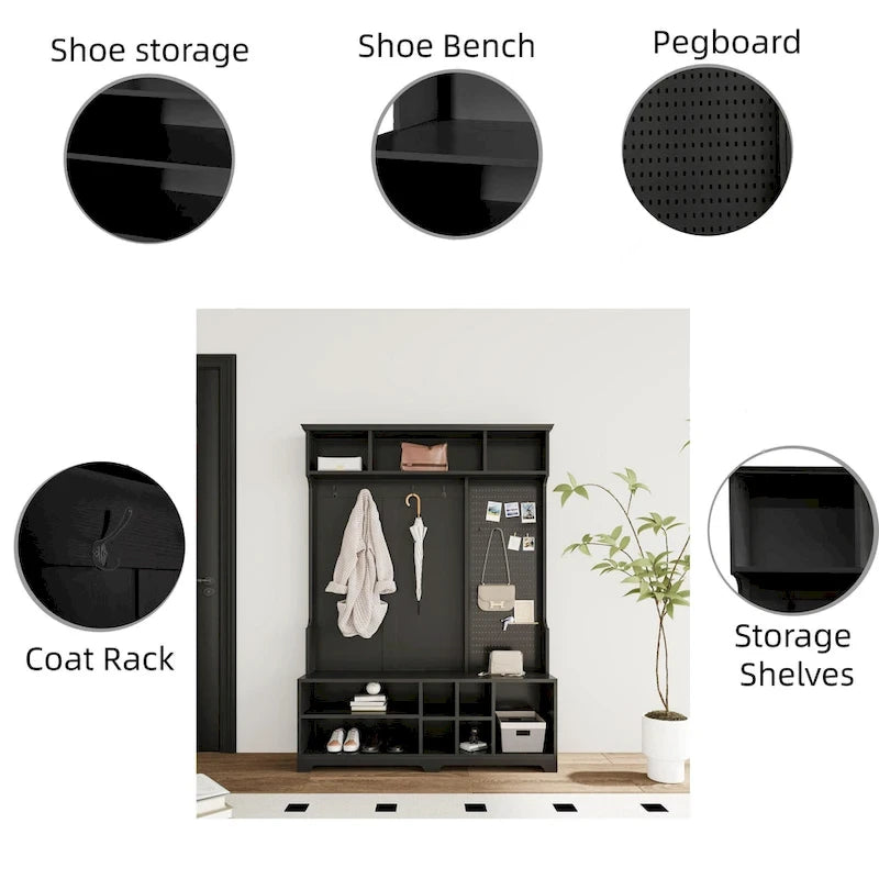 Modern Style Coat Rack with Shoe Bench, Shoe Storage, Storage Shelves and Pegboard, for Entrance and Hallway, Living Room