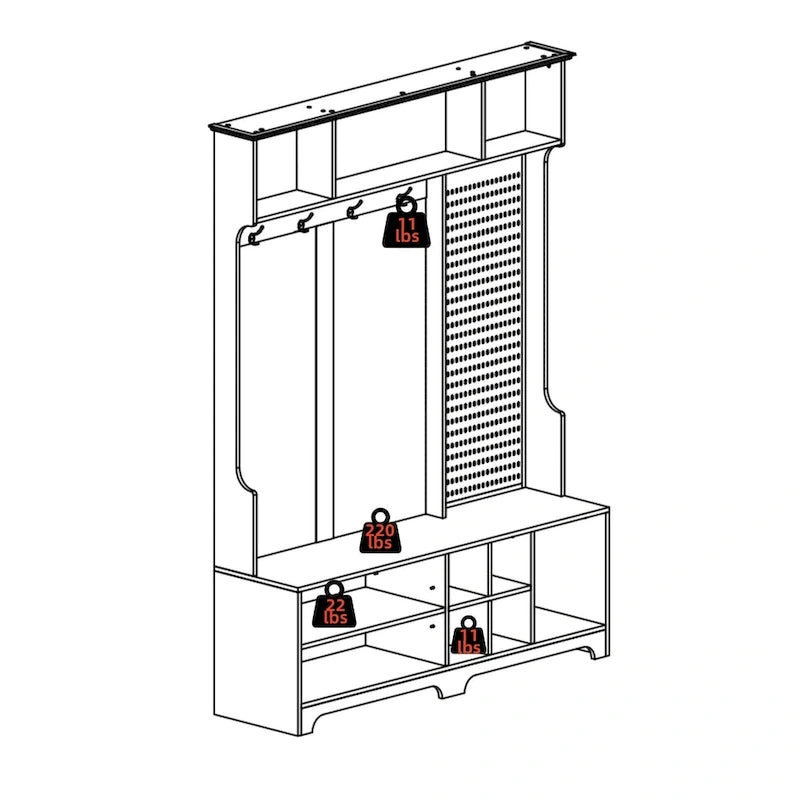 Modern Style Coat Rack with Shoe Bench, Shoe Storage, Storage Shelves and Pegboard, for Entrance and Hallway, Living Room