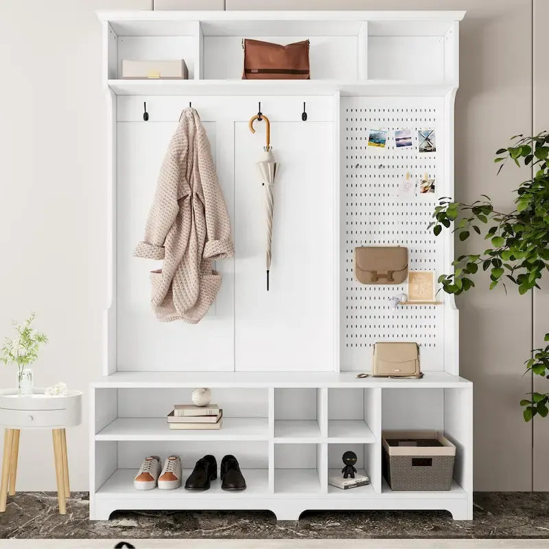 Modern Style Coat Rack with Shoe Bench, Shoe Storage, Storage Shelves and Pegboard, for Entrance and Hallway, Living Room
