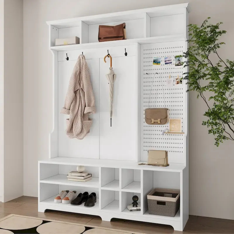 Modern Style Coat Rack with Shoe Bench, Shoe Storage, Storage Shelves and Pegboard, for Entrance and Hallway, Living Room