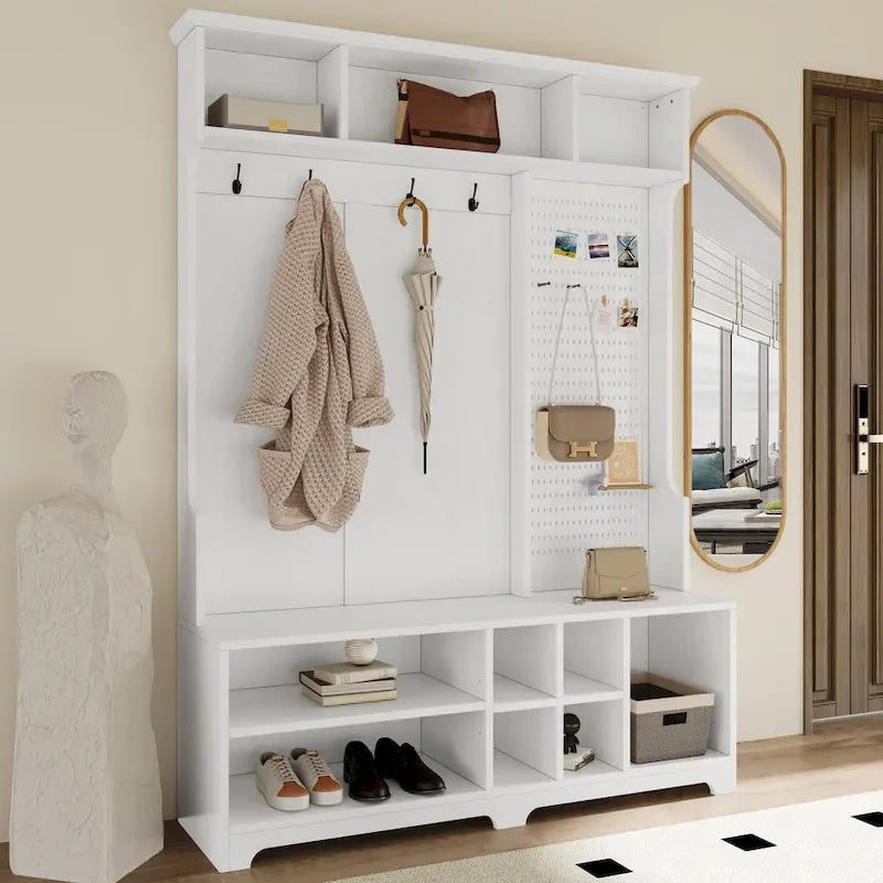 Modern Style Coat Rack with Shoe Bench, Shoe Storage, Storage Shelves and Pegboard, for Entrance and Hallway, Living Room