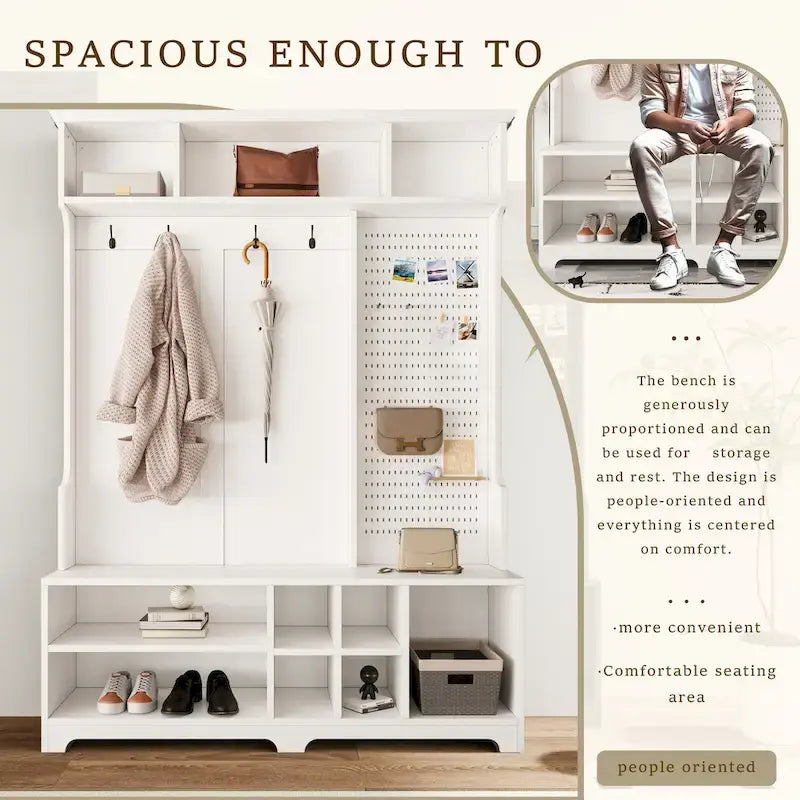 Modern Style Coat Rack with Shoe Bench, Shoe Storage, Storage Shelves and Pegboard, for Entrance and Hallway, Living Room