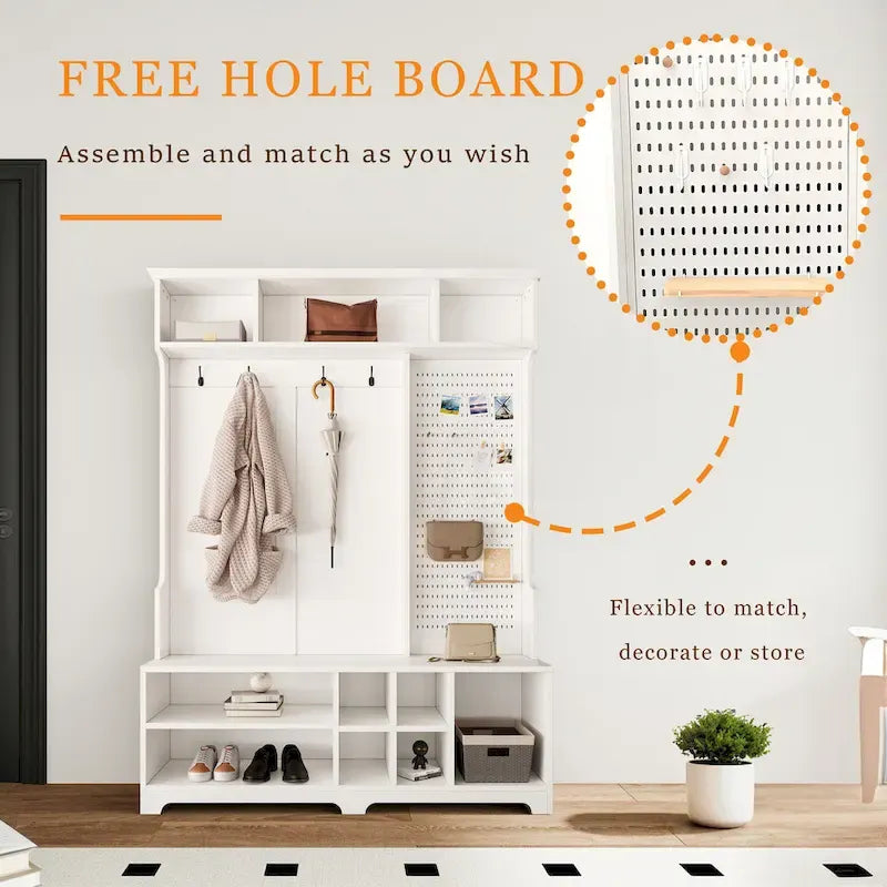 Modern Style Coat Rack with Shoe Bench, Shoe Storage, Storage Shelves and Pegboard, for Entrance and Hallway, Living Room
