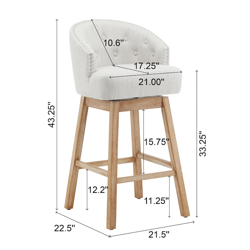 Roomfitters 33.25 Swivel Upholstered Counter Stools, Set of 2 Armless Bar Chairs with Rubberwood Frame and Footrest