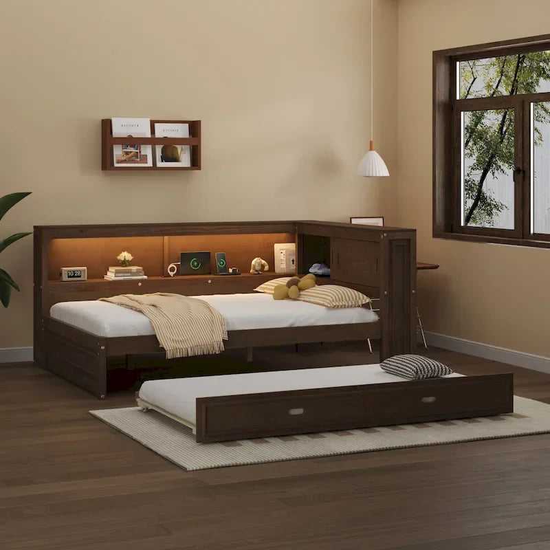 Full Daybed with Shelves, USB Charging, LED Lights & Twin Trundle