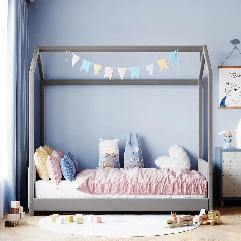 Twin Size Velvet House Bed Wood Floor Bed