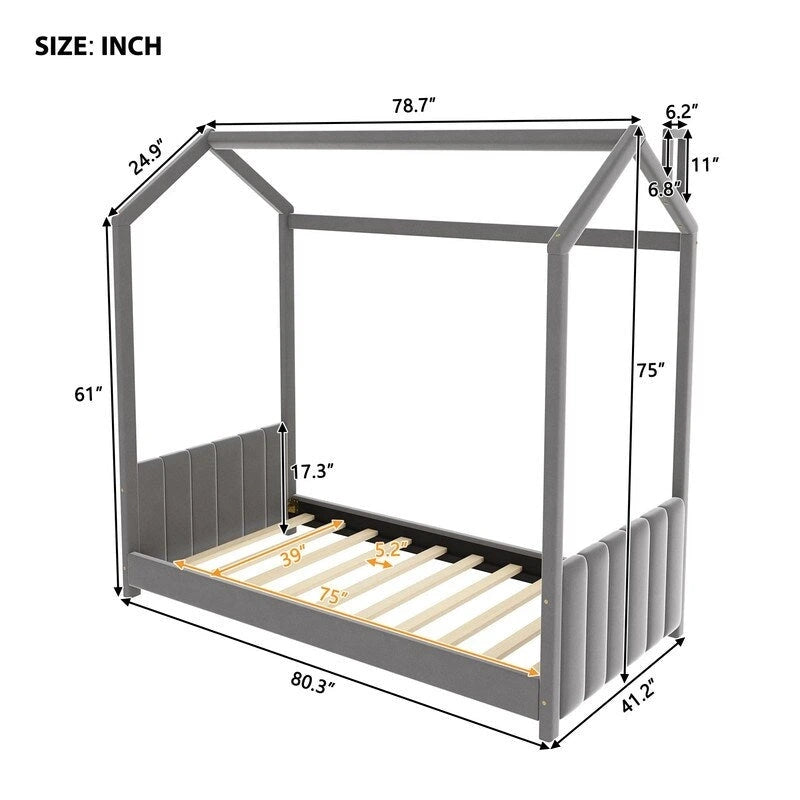 Twin Size Velvet House Bed Wood Floor Bed