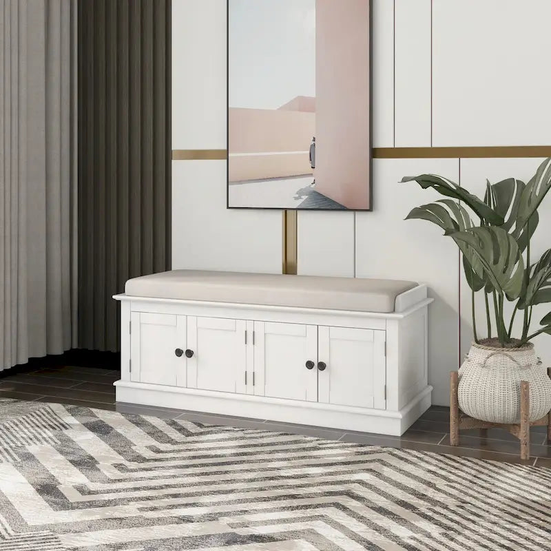 Hallway Storage Bench with 4 Doors & Adjustable Shelves, 42.7 Entryway Shoe Rack with Removable Cushion for Living Room
