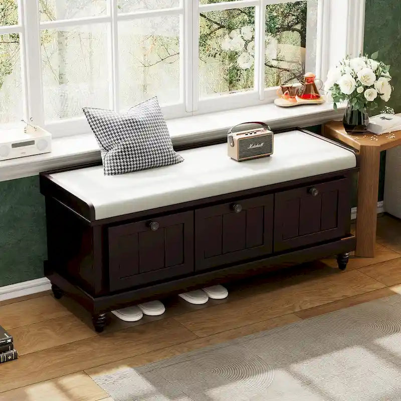 Shoe Bench with Lift Top Cushion Seat & Hidden Space, Entryway Shoe Storage Bench with 3 Drawers, Bedroom End of Bed Bench