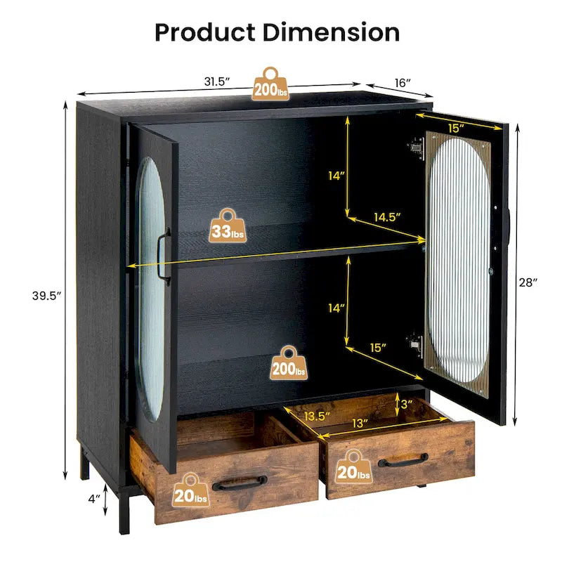 Costway Kitchen Storage Cabinet Freestanding Buffet Sideboard w/ 2 - Black, Rustic Brown - See Details