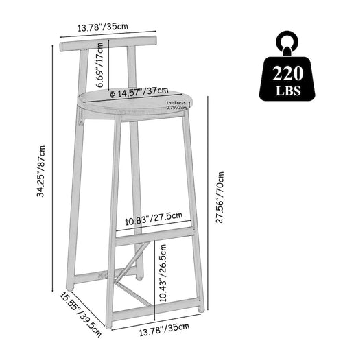 27H Barstool Set of 3 Wooden Round Bar Stools with Footrest, Easy Assembly, for Dining Room, Kitchen