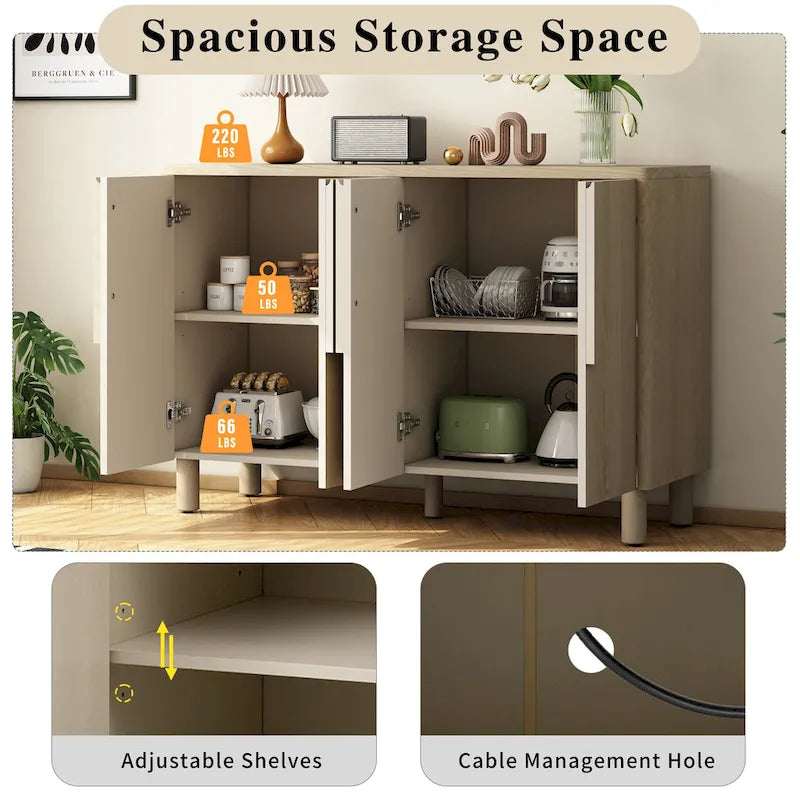 4-Door Buffet Cabinet with Storage, Wood Sideboard Cabinet with Unique Arc Handles and Adjustable Shelves for Dining Room