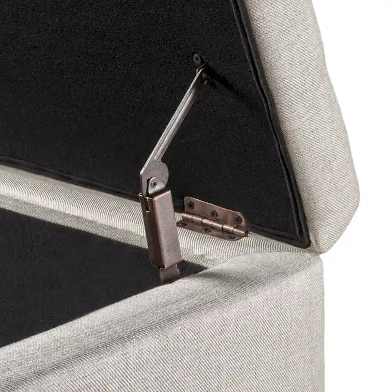 Nancy Storage Ottoman Bench, 51 Inch Beige Fabric, Brass Nailhead Trim