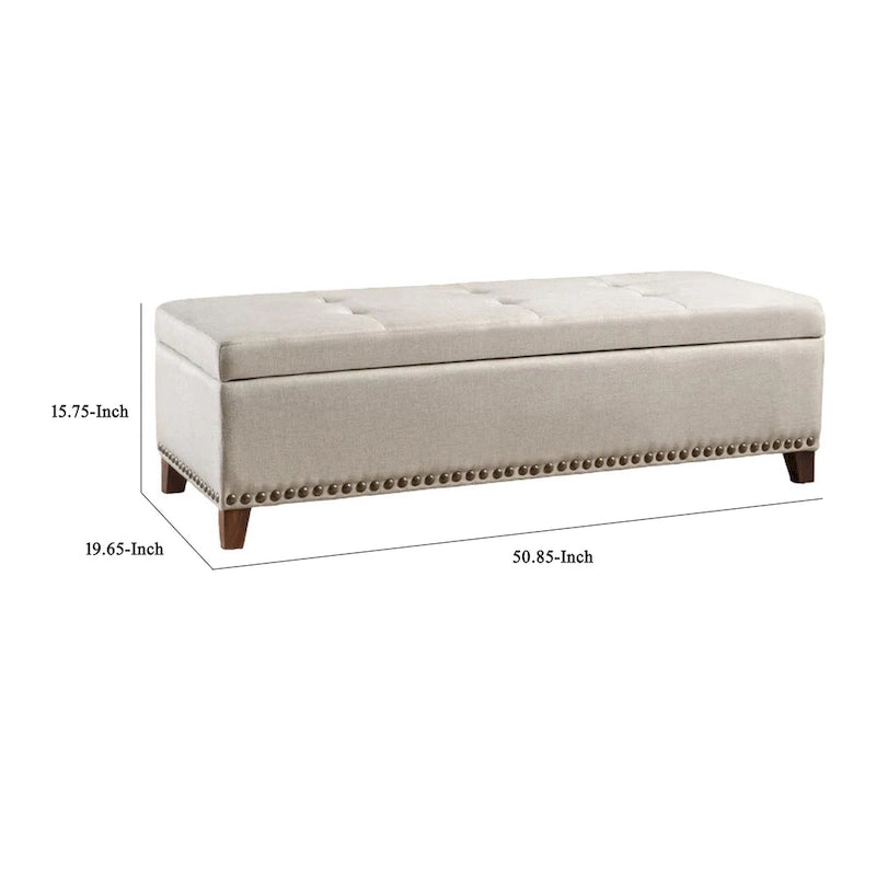 Nancy Storage Ottoman Bench, 51 Inch Beige Fabric, Brass Nailhead Trim