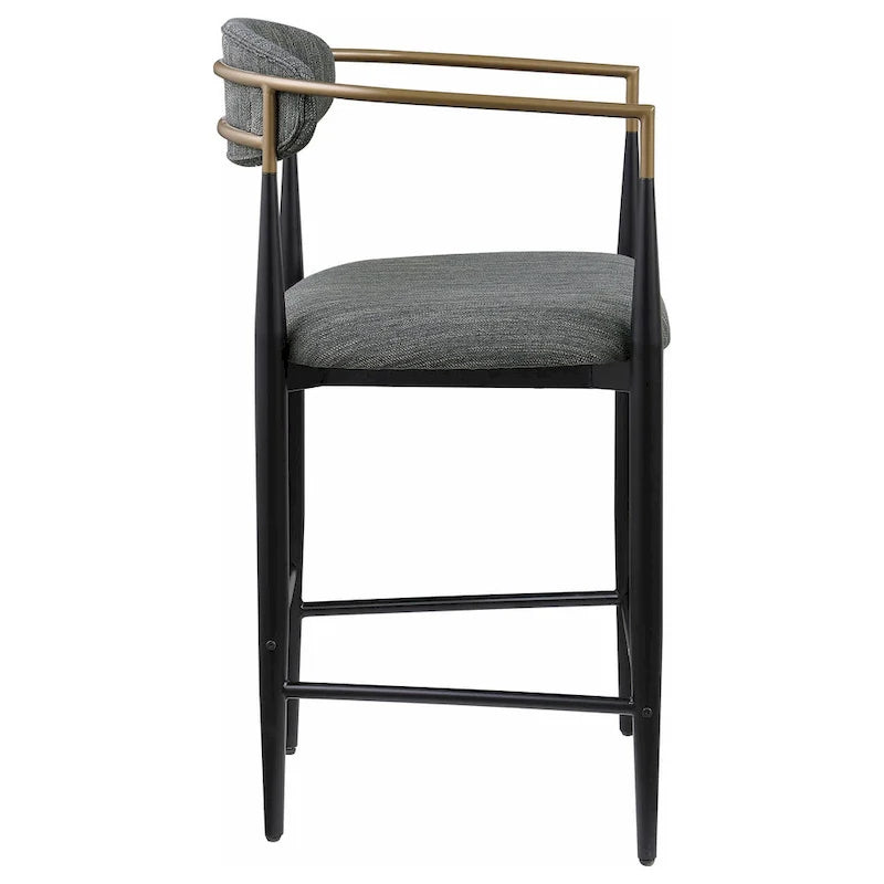 Tiara Counter Chair Set of 2, Gray Fabric, Gold, Black Metal 25 Inch