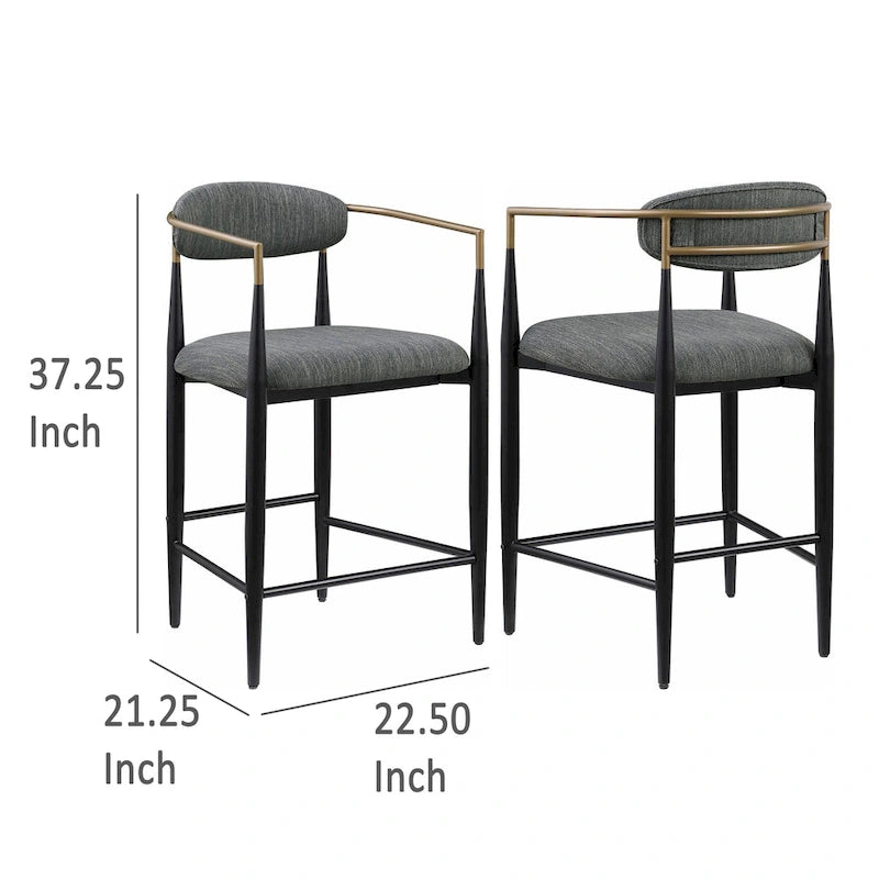 Tiara Counter Chair Set of 2, Gray Fabric, Gold, Black Metal 25 Inch