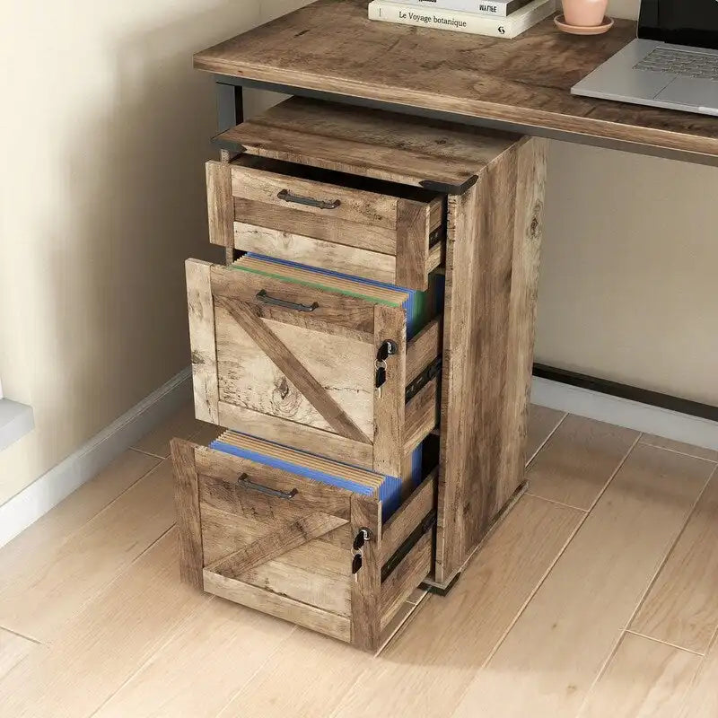 Barn Door Wooden 3 Drawers With Lock 30.71H