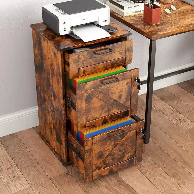 Barn Door Wooden 3 Drawers With Lock 30.71H