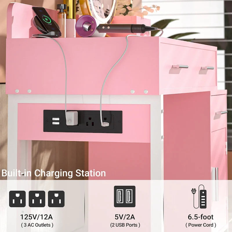 Vanity Desk with 4 Storage Drawers,Modern Makeup Vanity Table with Charging Station