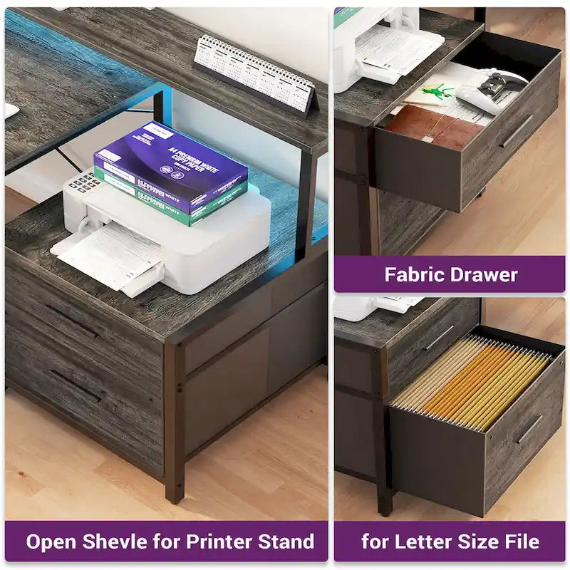 Reversible L Shaped Computer Desk with File Drawer  Long Monitor Stand  Charging Station & RGB LED Strips